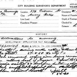 Building Inspectors Card: 379 Crown St, Surry Hills. Alterations to awning. Development application 