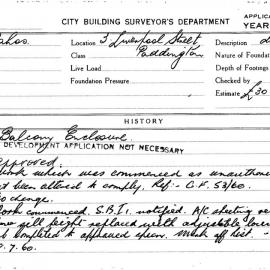 Building Inspectors Card: 3 Liverpool St, Paddington. Balcony enclosure. Development application 