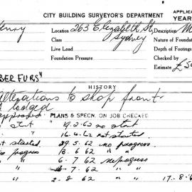 Building Inspectors Card: 263 Elizabeth St, Sydney. Alterations to shop front, DA approved 