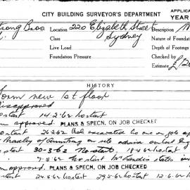 Building Inspectors Card: 220 Elizabeth Street, Sydney. Form new 1st floor. 1 Card. 