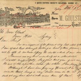 Letter - Request to reduce rent, M. Goulston, Tailor, 8 Queen Victoria Markets Building, George Street Sydney, 1899