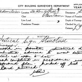 Building Inspectors Card: 20 King Street, Newtown. Vertical Sign Structure. 1 Card. 
