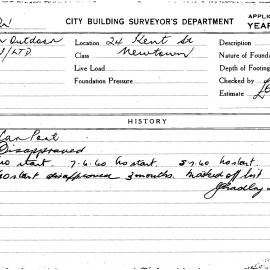 Building Inspectors Card: 24 Kent Street, Newtown. Car port. 1 Card. 