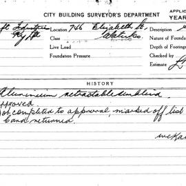 Building Inspectors Card: 746 Elizabeth St Waterloo. Aluminium retractable sunblind. 1 Card. 