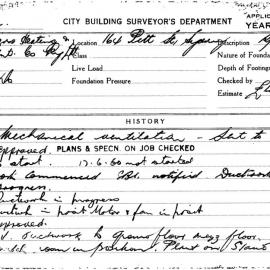 Building Inspectors Card: 164 Pitt St Sydney. Mechanical ventilation. 1 Card. 