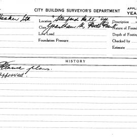 Building Inspectors Card: "Stanford Hall" off Grantham St Potts Point. Peruse plans. 1 Card. 