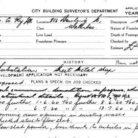 Building Inspectors Card: 813 Dowling Street, Waterloo. Substation, Sheet Metal Shop. 1 Card. 