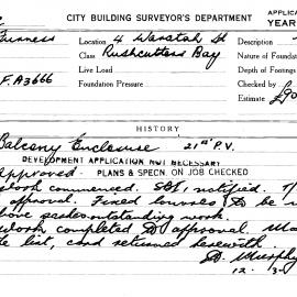 Building Inspectors Card: 4 Waratah St, Rushcutters Bay. Balcony enclosure, Development application 