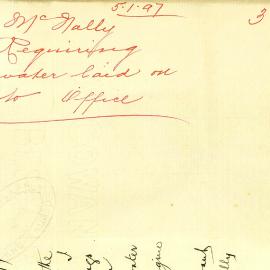 Letter: John McNally Corporation Building Sussex St, requesting water connection for the office and 