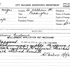 Building Inspectors Card: 54 William st, Paddington. Balcony enclosure, Development application not 