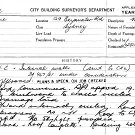 Building Inspectors Card: 129 Bayswater Rd, Sydney. W.C & Internal walls, DA967/61 approved 
