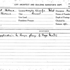 Building Inspectors Card: 600/612 George Street. Perusal. Application to peruse plans of Plaza 
