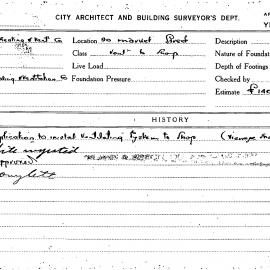 Building Inspectors Card: 90 Market Street. Vent to shop. Application to install ventilating system 