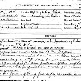 Building Inspectors Card: 136/138 Phillip Street. Broadcasting Station. Application to convert 