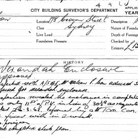 Building Inspectors Card: 178 Crown Street, Sydney. Verandah enclosure, approved 16/03/1962. 1 Card.