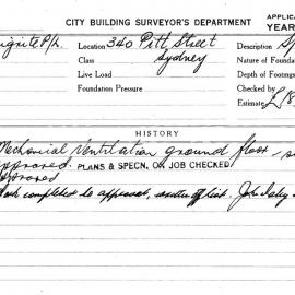 Building Inspectors Card: 340 Pitt Street, Sydney. Application to install mechanical ventilation. 1 