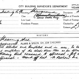 Building Inspectors Card: Showground, Lower Cattle Ring. Shearing shed. Development application not 