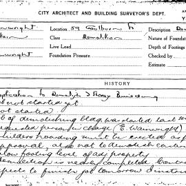 Building Inspectors Card: 59 Goulburn St. Demolition. Application to demolish 2 storey building. 1 