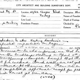 Building Inspectors Card: 42-46 Cooper Street. Factory. Application to alter existing lavatories. 1 