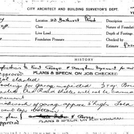 Building Inspectors Card - Erect garage/strengthen basement for air raid shelter, 23 Bathurst Street, 1941