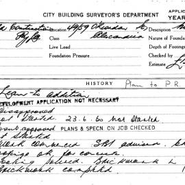 Building Inspectors Card: 49/59 O'Riordan Street, Alexandria. Lean to addition. 1 Card. 