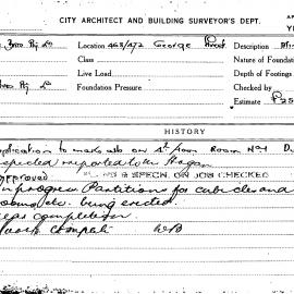 Building Inspectors Card: 468/472 George Street. Application to make alteration on 4th/floor Room 