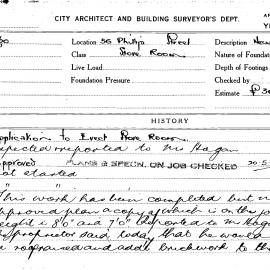 Building Inspectors Card: 56 Phillip Street. Store Room. Application to erect Store Room. 1 card. 