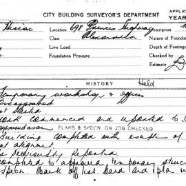 Building Inspectors Card: 698 Princes Highway, Alexandria. Temporary workshop and offices. 1 Card. 