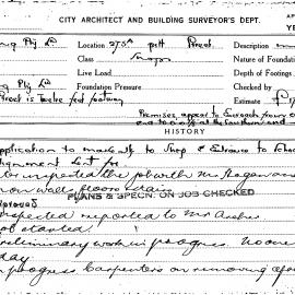 Building Inspectors Card: 275A Pitt Street. Shops. Application to make alts. to shop & entrance to 