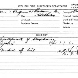 Building Inspectors Card: 63 Dalmery Avenue, Waterloo. Certificate of compliance. 1 Card. 