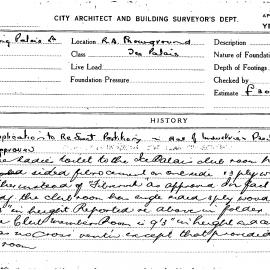 Building Inspectors Card - Re-erect partition, Hall of Industries Pavilion, Agricultural Society Showground, 1941