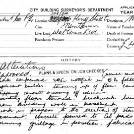 Building Inspectors Card - Alterations to Waltons, 304-314 King Street Newtown, 1962