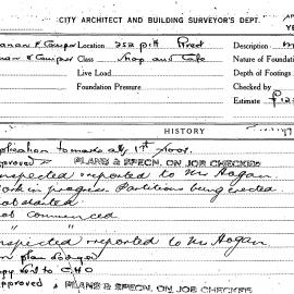 Building Inspectors Card: 252 Pitt Street. Shop and Cafe. Application to make alterations 1st 