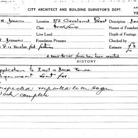 Building Inspectors Card: 372 Cleveland Street. Brick fence. Application to erect a brick fence. 1 