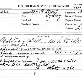 Building Inspectors Card: 129 Pitt Street Sydney. Partition wall. 1 card.