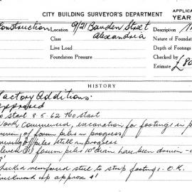 Building Inspectors Card: 9-21 Bowden St Alexandria. Factory additions. 1 card.