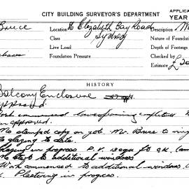 Building Inspectors Card: 86 Elizabeth Bay Road Sydney. Balcony enclosure. 1 card.