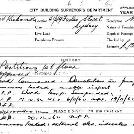 Building Inspectors Card: 41/49 Forbes Street, Sydney. Partitions 1st floor. 1 Card.