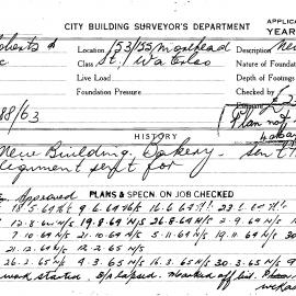 Building Inspectors Card: 153/155 Morehead Street, Waterloo. New Building - Bakery. 1 card.