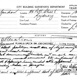 Building Inspectors Card: 184 Pitt Street, Sydney. Alterations. 1 card.