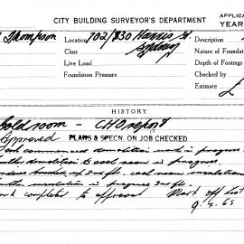 Building Inspectors Card: 702/730 Harris Street, Sydney. Coldroom. 1 card.