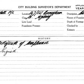 Building Inspectors Card: 147/151n Brougham Street, Sydney. Certificate of Compliance. 1 card.