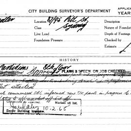 Building Inspectors Card: 87/95 Pitt Street, Sydney. Partitions: 8th floor. 1 card.