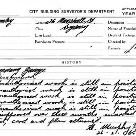 Building Inspectors Card: 26 Marshall Street, Sydney. Temporary garage. 1 card.