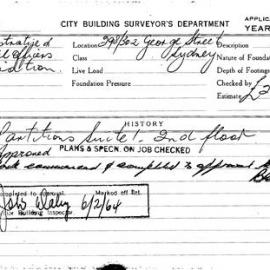 Building Inspectors Card: 298/302 George Street, Sydney. Partitions, Suite 1, 2nd floor. 1 card.