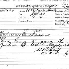 Building Inspectors Card: 83 Victoria Street, Sydney. Balcony enclosure. 1 card.