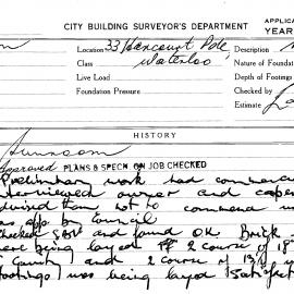 Building Inspectors Card: 33 Harcourt Parade, Waterloo. Sunroom. 1 card.