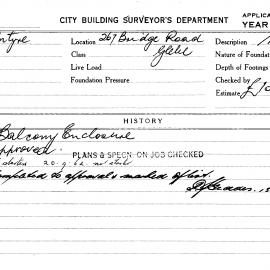 Building Inspectors Card: 267 Brdge Road Glebe. Balcony enclosure. 1 card.
