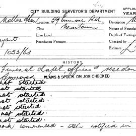 Building Inspectors Card - Funeral chapel, 59 Enmore Road, Newtown, 1964-1966