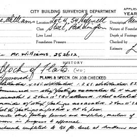 Building Inspectors Card: Lot 4, 54 Hopewell Street, Paddington. Block of flats. 3 cards.